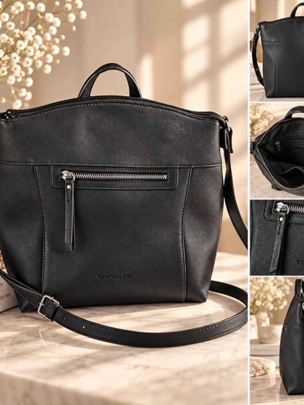 TOM TAILOR Black Backpack Front Zip Pocket Silver Hardware